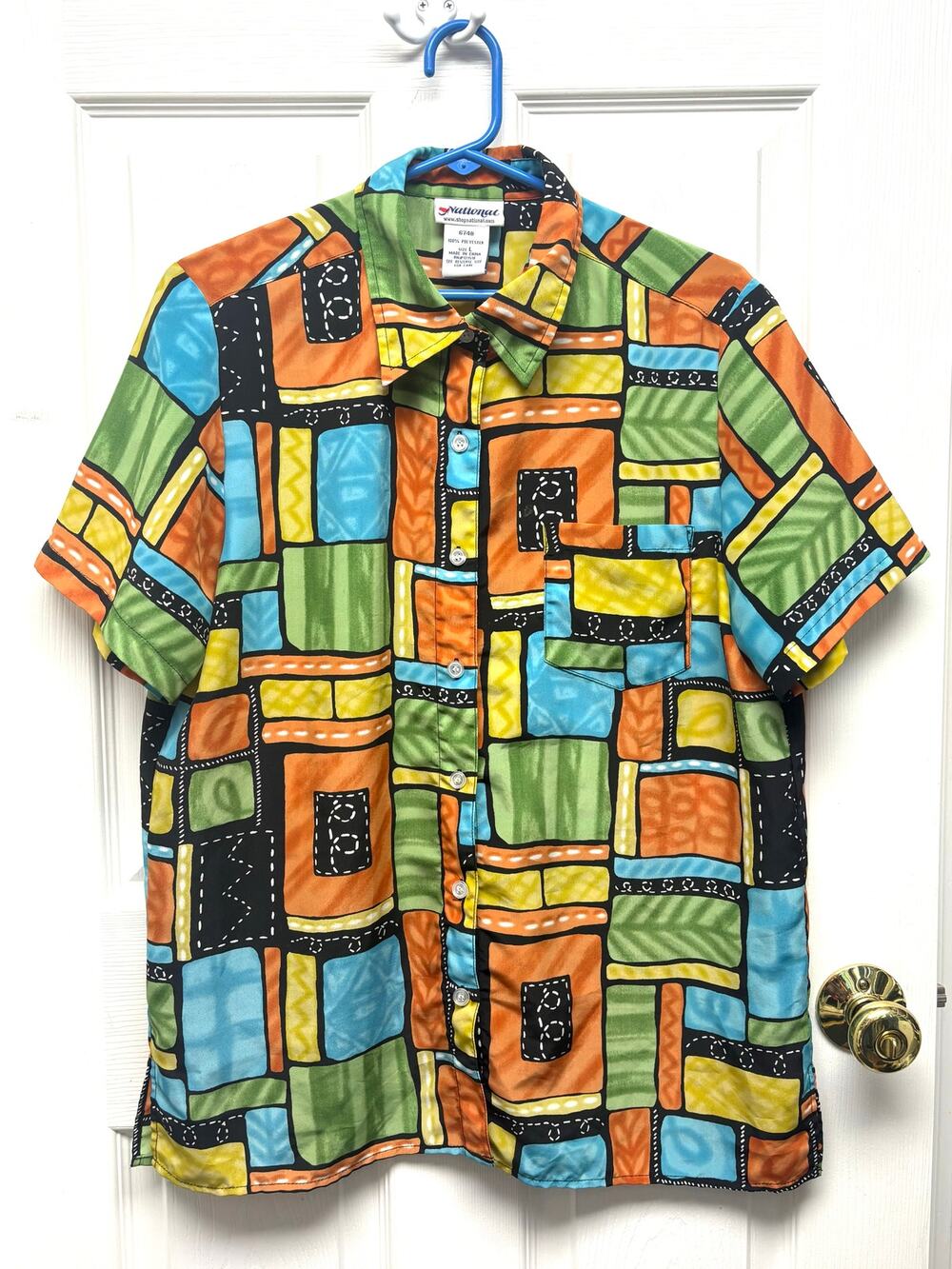 National Blouse Abstract Patchwork Womens Large Short Sleeve Button Front